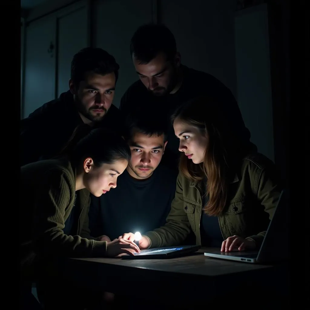 A paranormal investigation team listens intently to audio recordings, searching for EVPs.