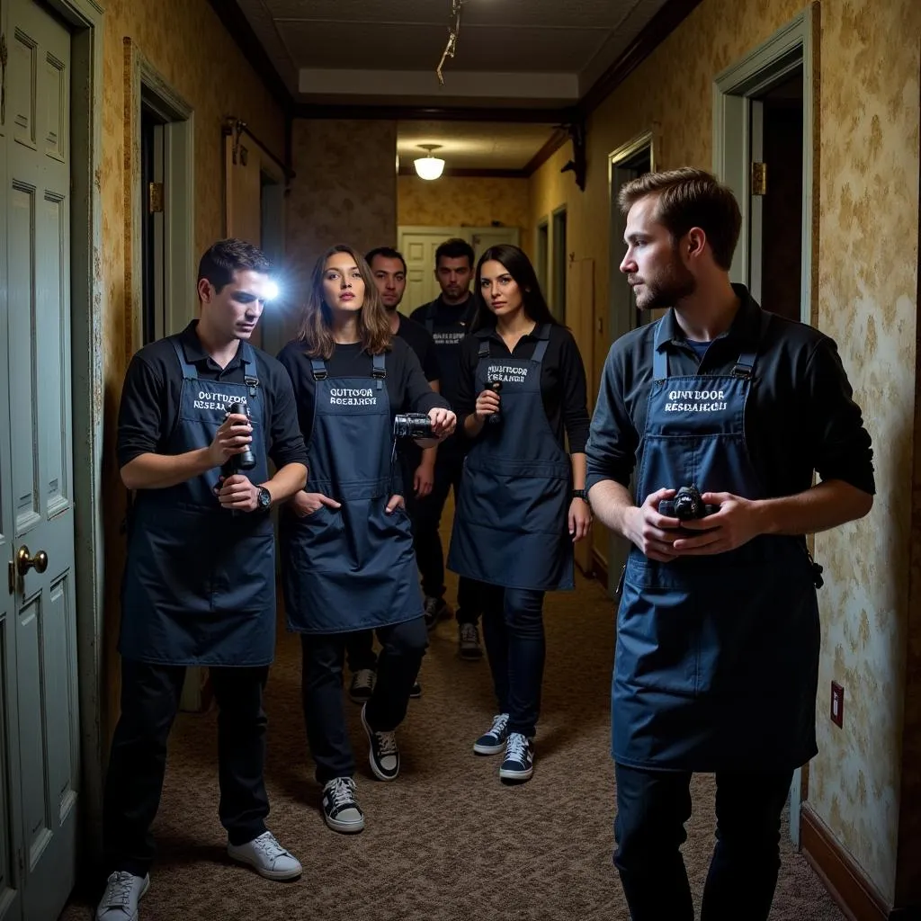 A team of paranormal investigators wearing Outdoor Research bibs exploring an abandoned building