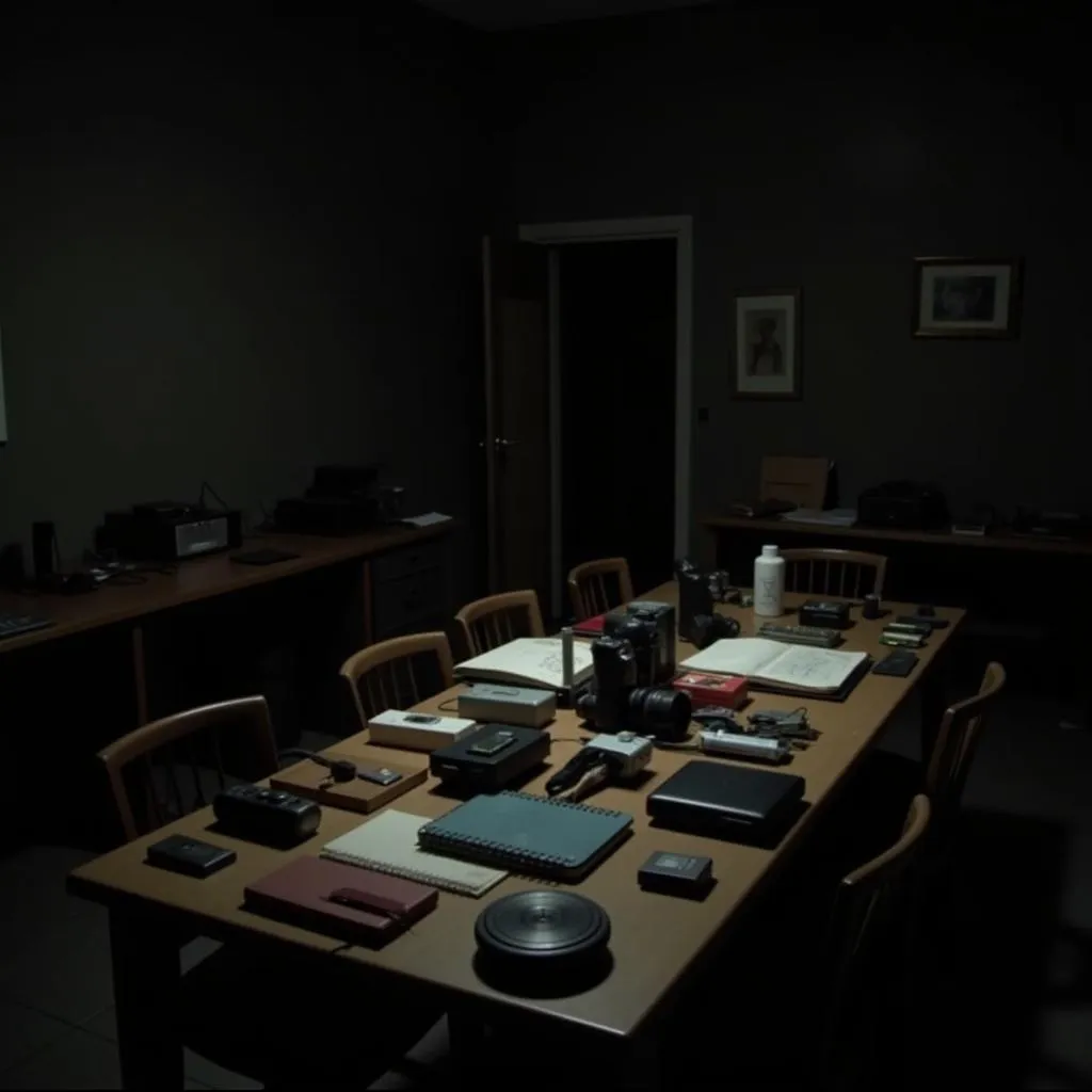 Paranormal investigation equipment laid out on a table