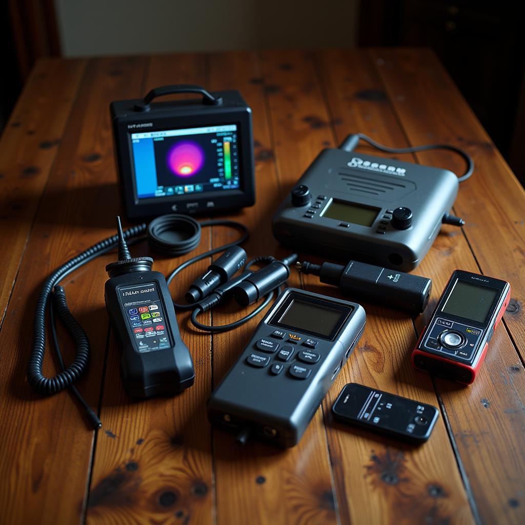 Paranormal investigation tools laid out on a table.