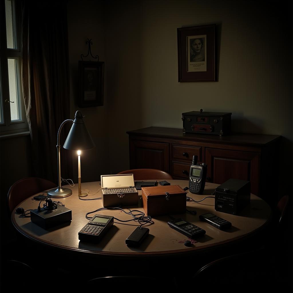 Paranormal investigation equipment laid out on a table