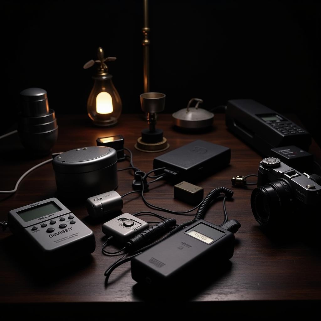 Paranormal investigation tools laid out on a table