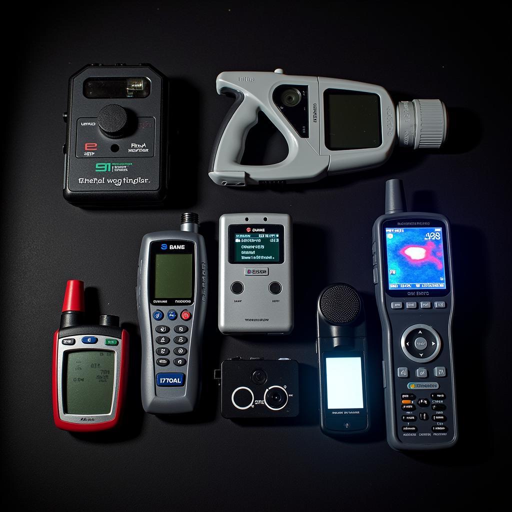 Paranormal investigation tools laid out on a table