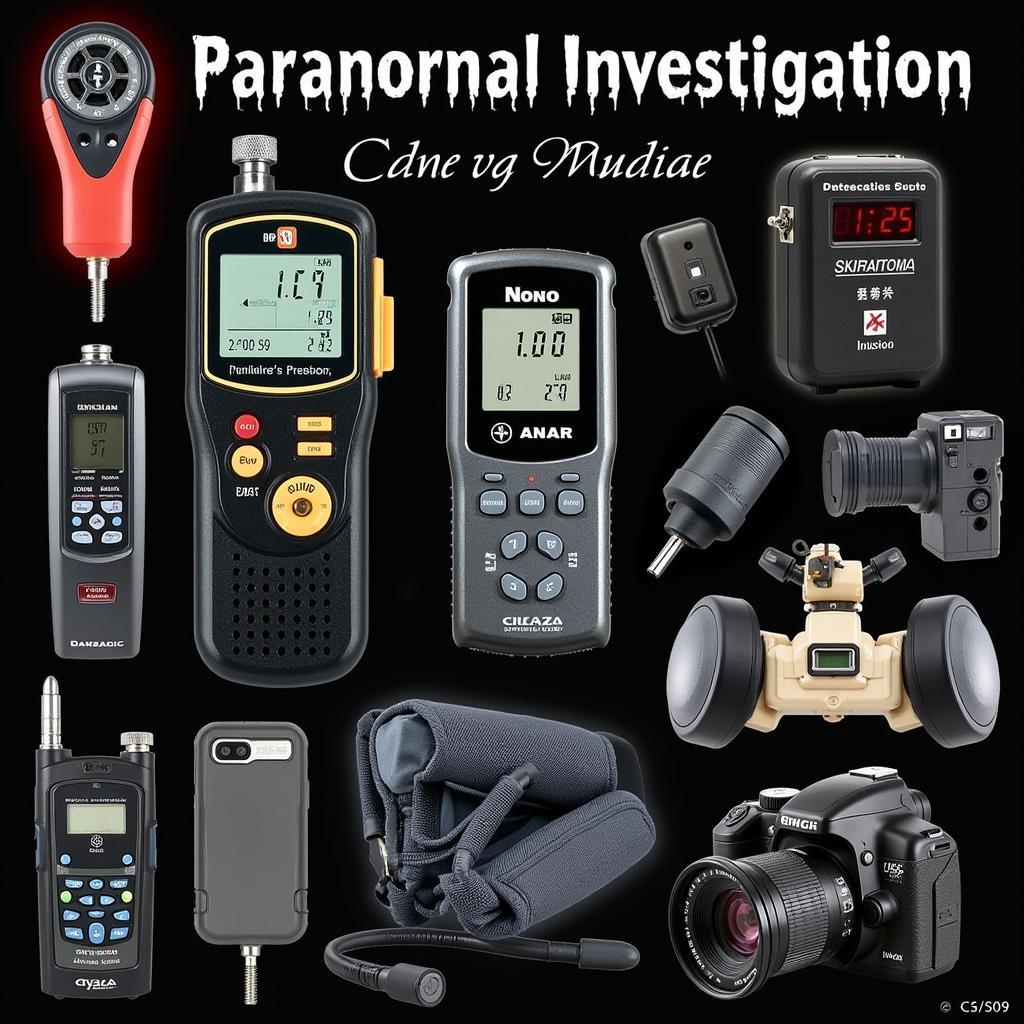 An assortment of paranormal investigation equipment laid out on a table.