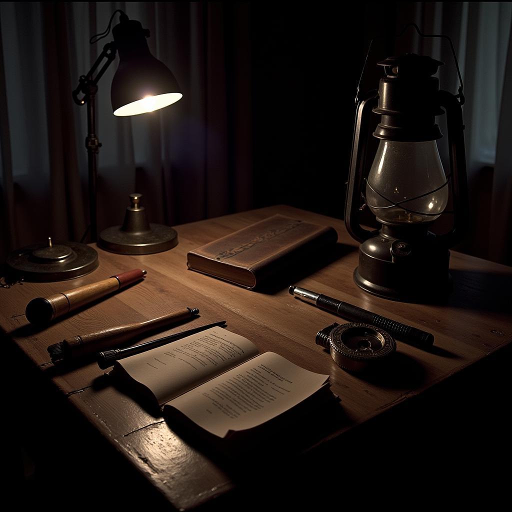 A collection of paranormal investigation tools arranged on a table, illuminated by a lantern in a darkened room.