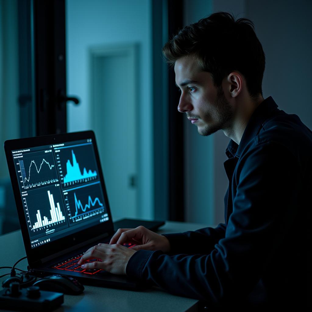 A paranormal investigator analyzing data collected from a kinetic research group x-ray chassis on a laptop