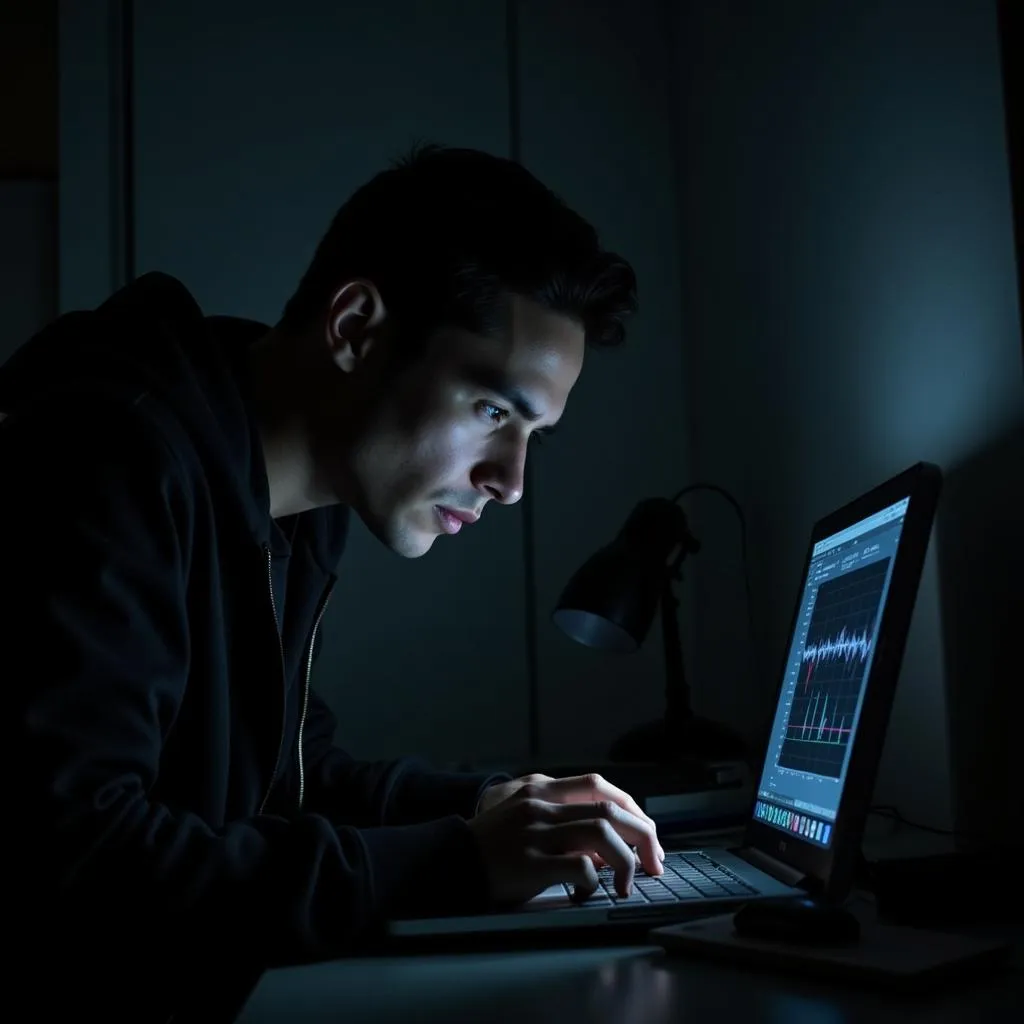 A paranormal investigator reviews data on a laptop screen