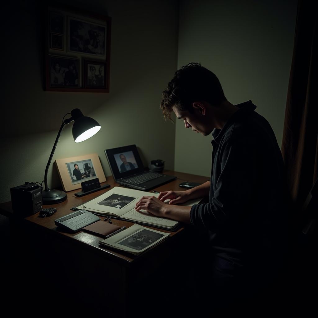 Paranormal investigator analyzing evidence collected during an investigation