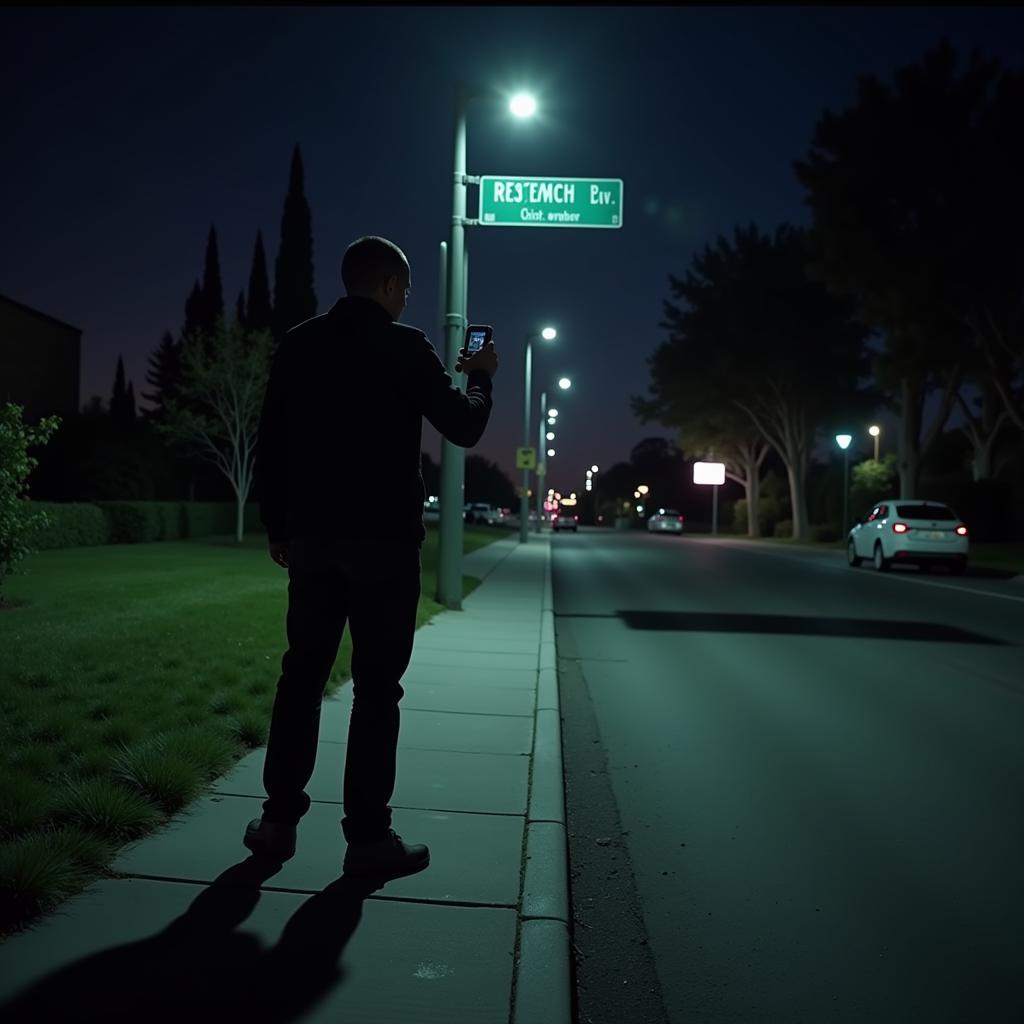 Paranormal investigator examining an EMF reader on Toyota Research Blvd