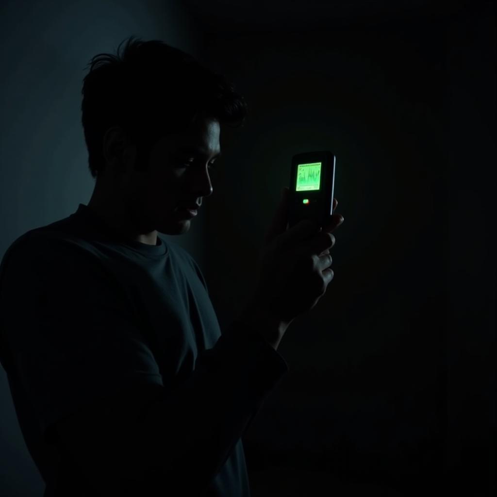  A paranormal investigator uses an EMF detector in a darkened room