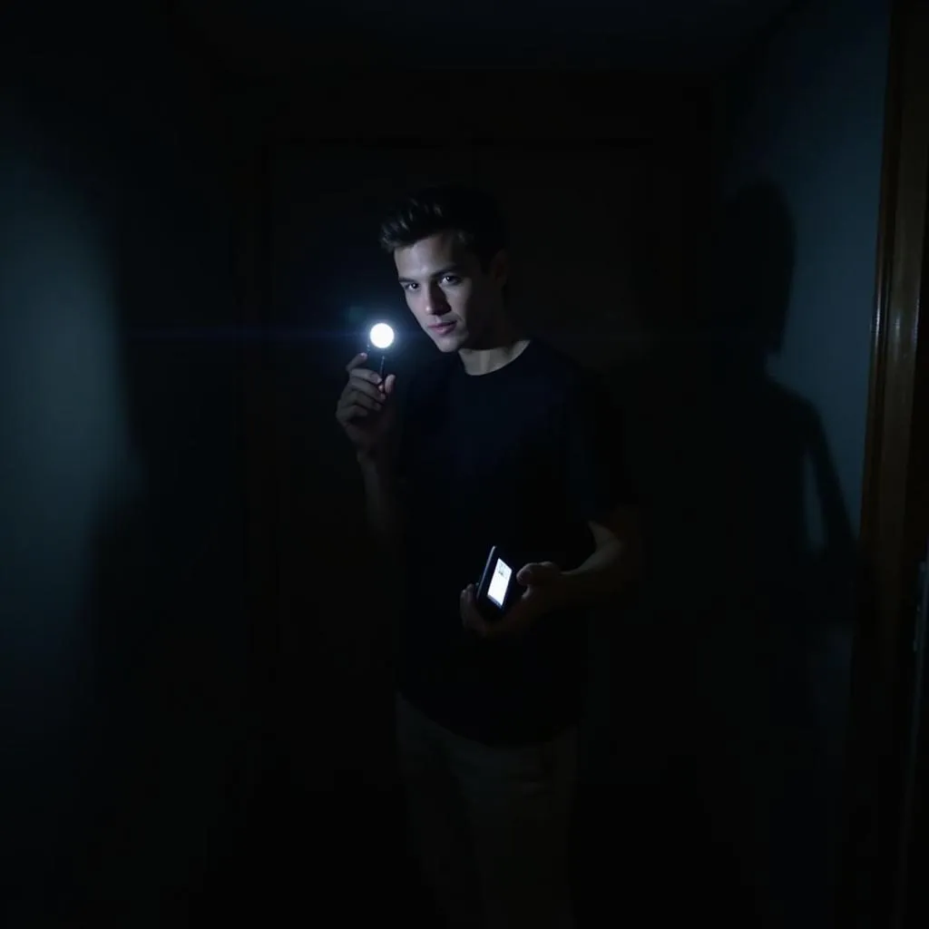 Paranormal investigator using an EMF meter in a dimly lit room