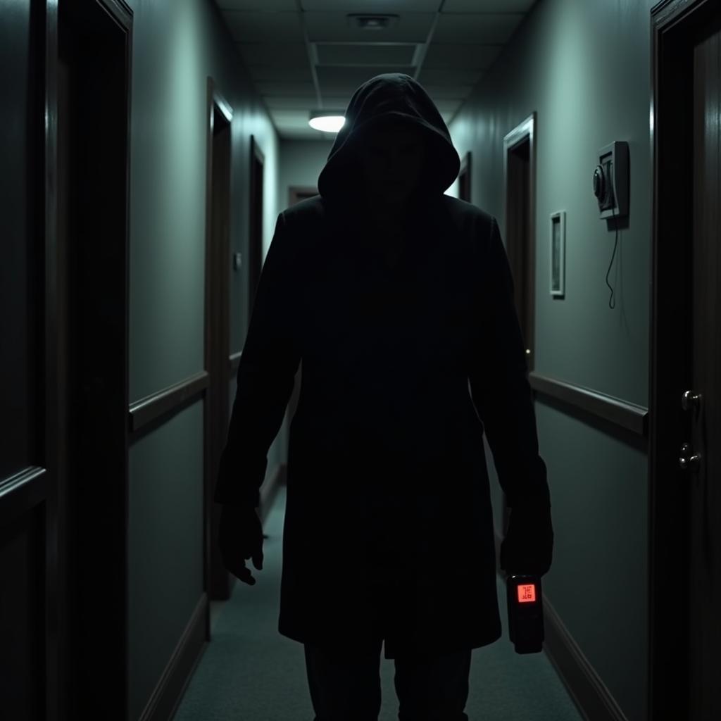 A paranormal investigator holds an EMF meter in a dimly lit hallway