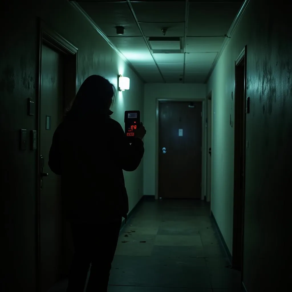 A paranormal investigator uses an EMF meter in a dark hallway of an animal research center.