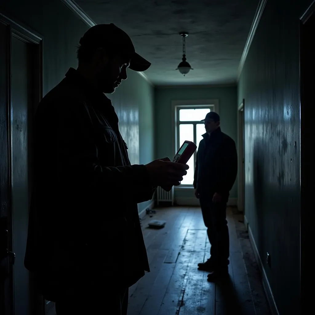 Paranormal investigator using EMF meter in an old house