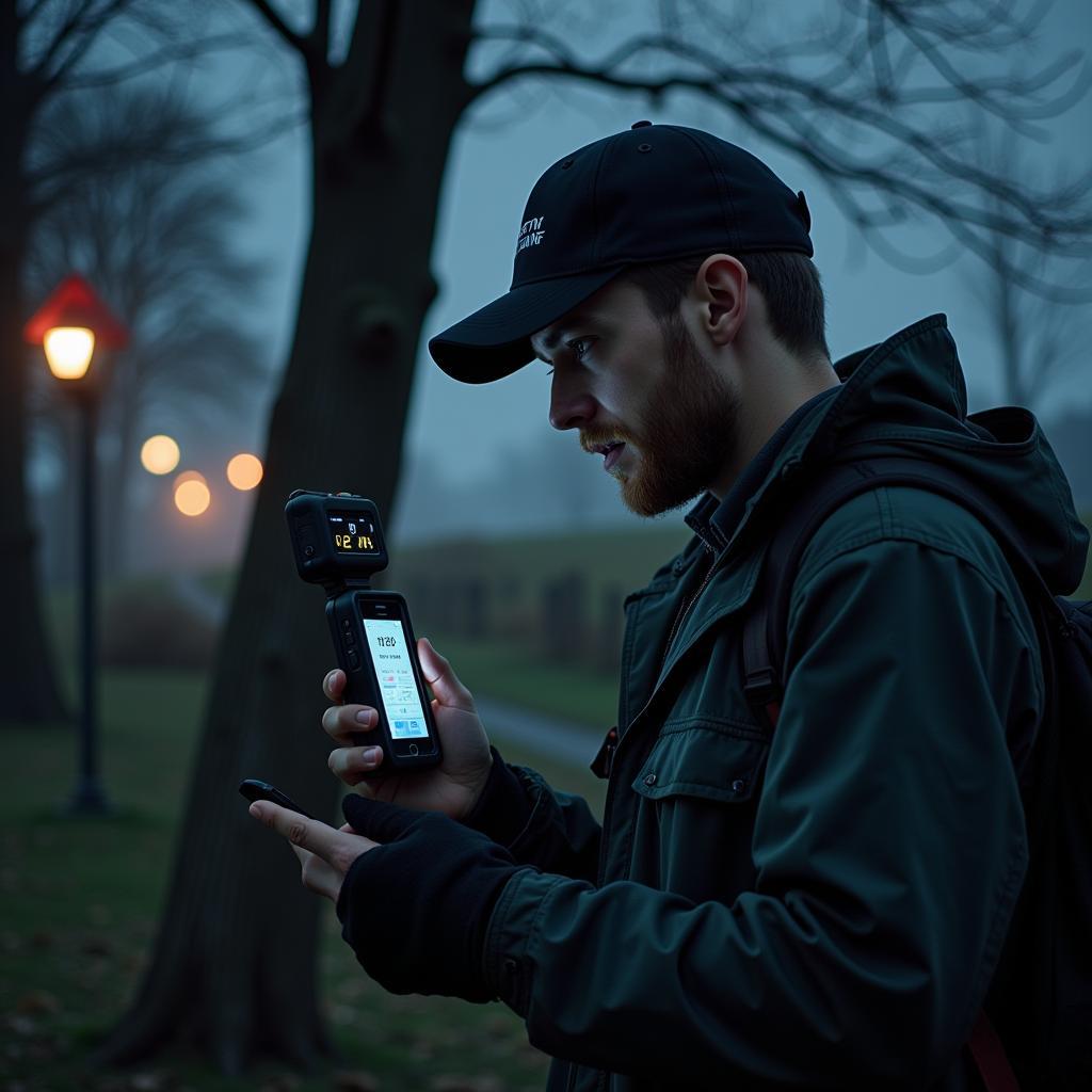 Paranormal investigator using an EMF reader near a Pokestop