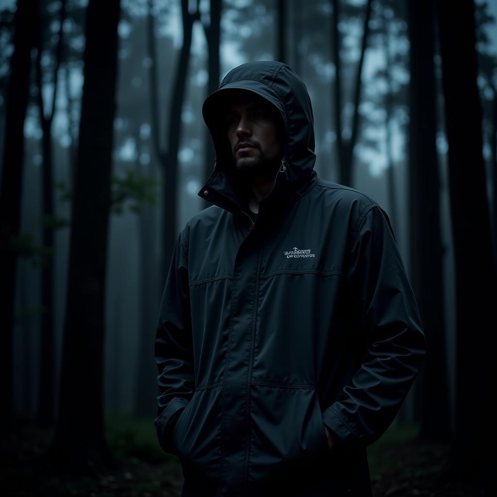 Paranormal investigator wearing a waterproof and breathable Outdoor Research raincoat while exploring a dark forest at night