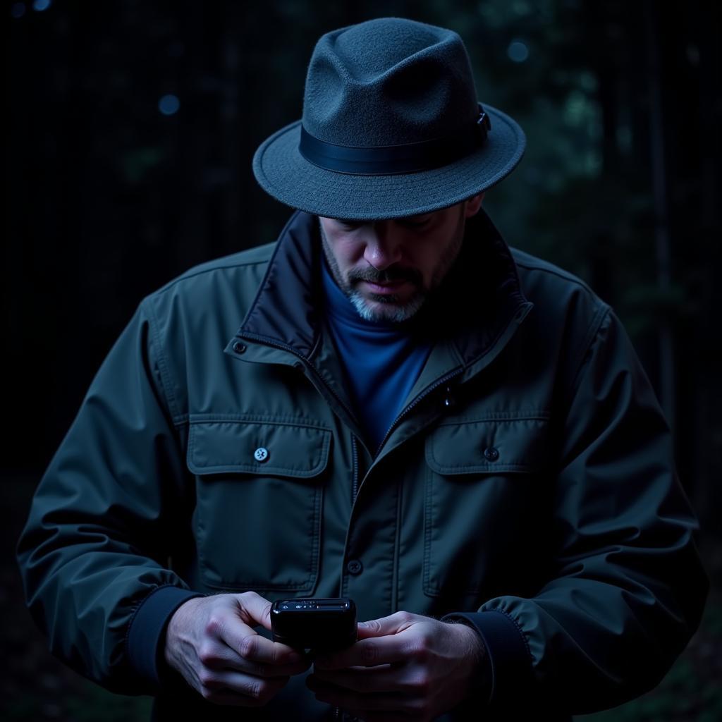 Paranormal Investigator with Vigor Plus Hat Using Equipment at Night