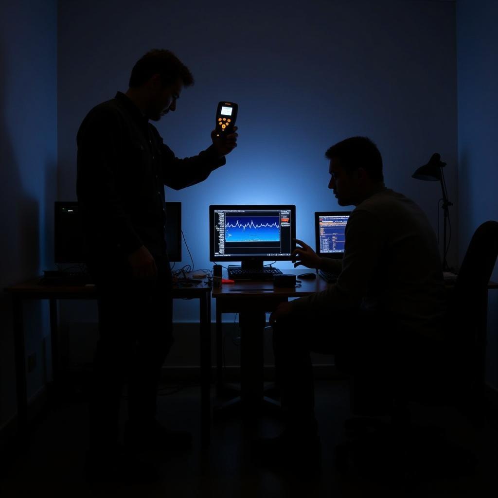 Paranormal investigators using EMF meters and other equipment in a dimly lit room.