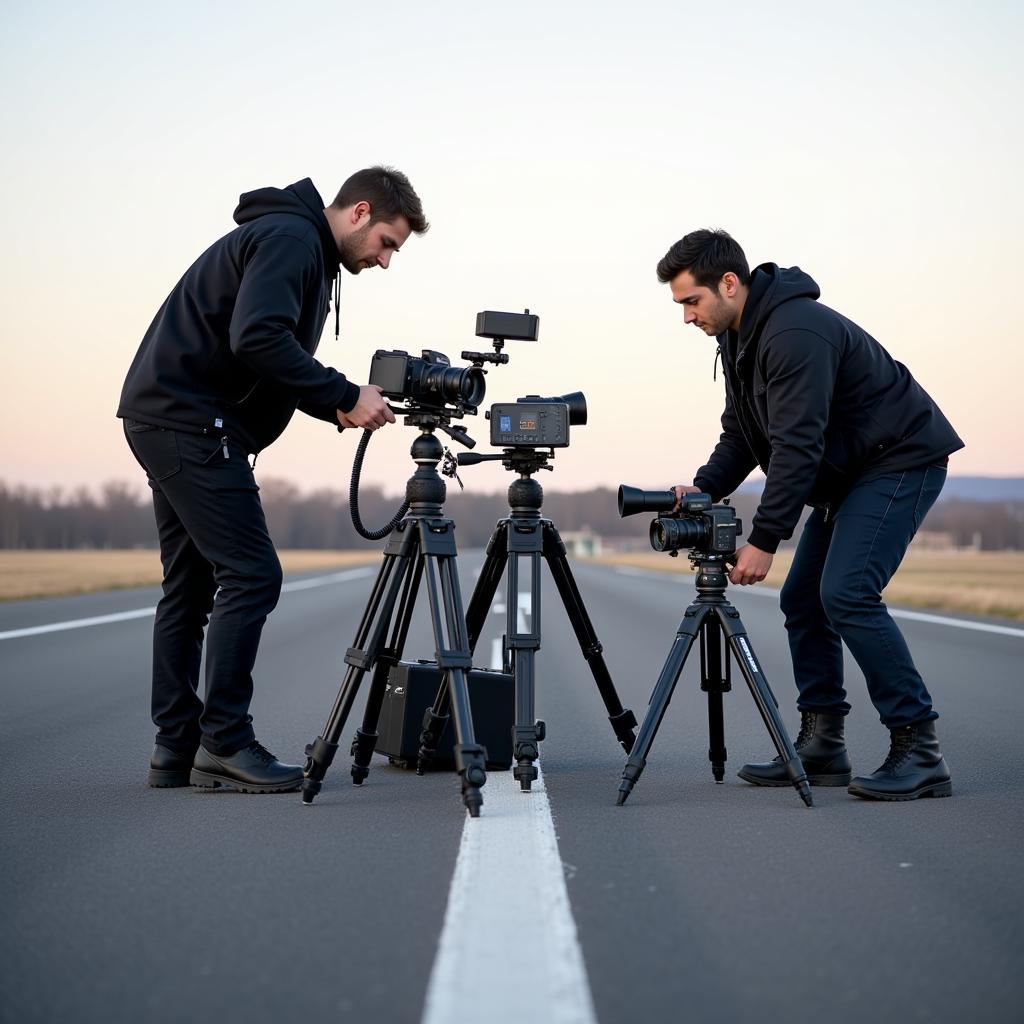 Paranormal investigators setting up equipment on a runway