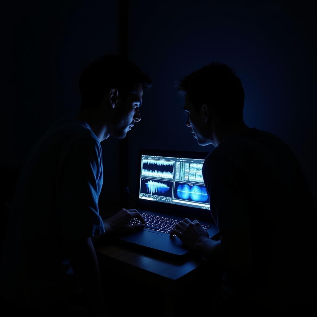 Paranormal investigators analyzing evidence on a laptop