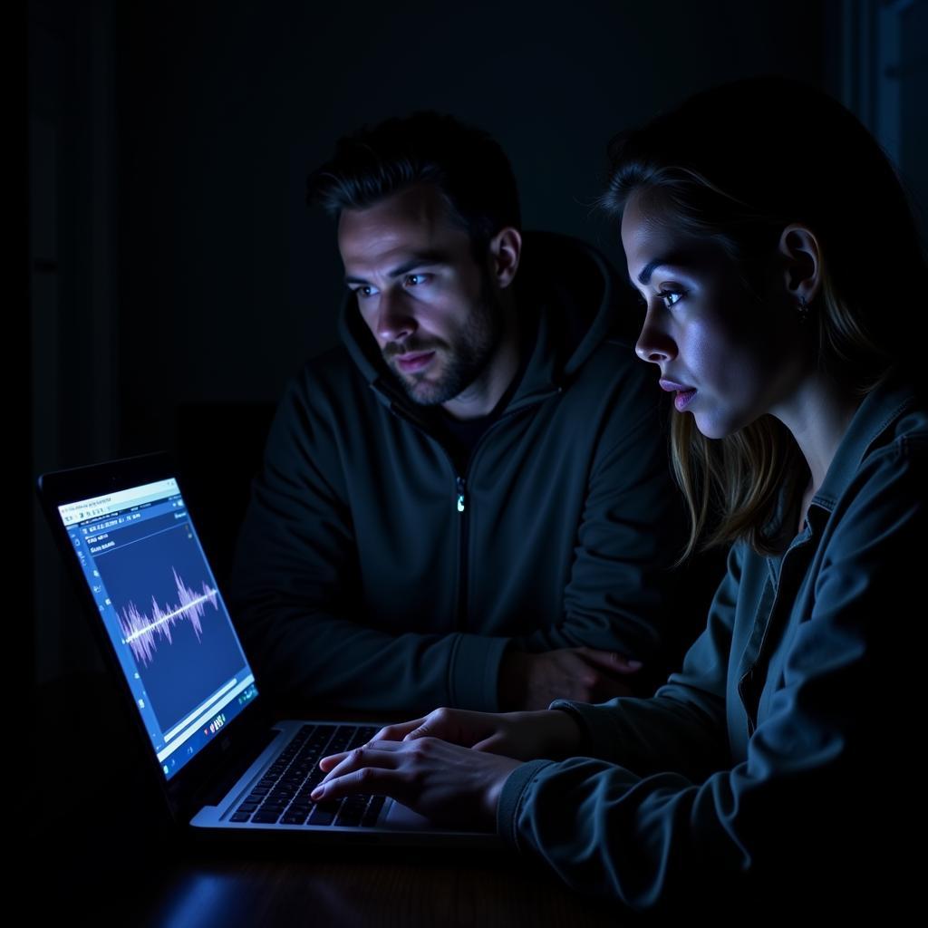  Two paranormal investigators huddled around a laptop, examining evidence 