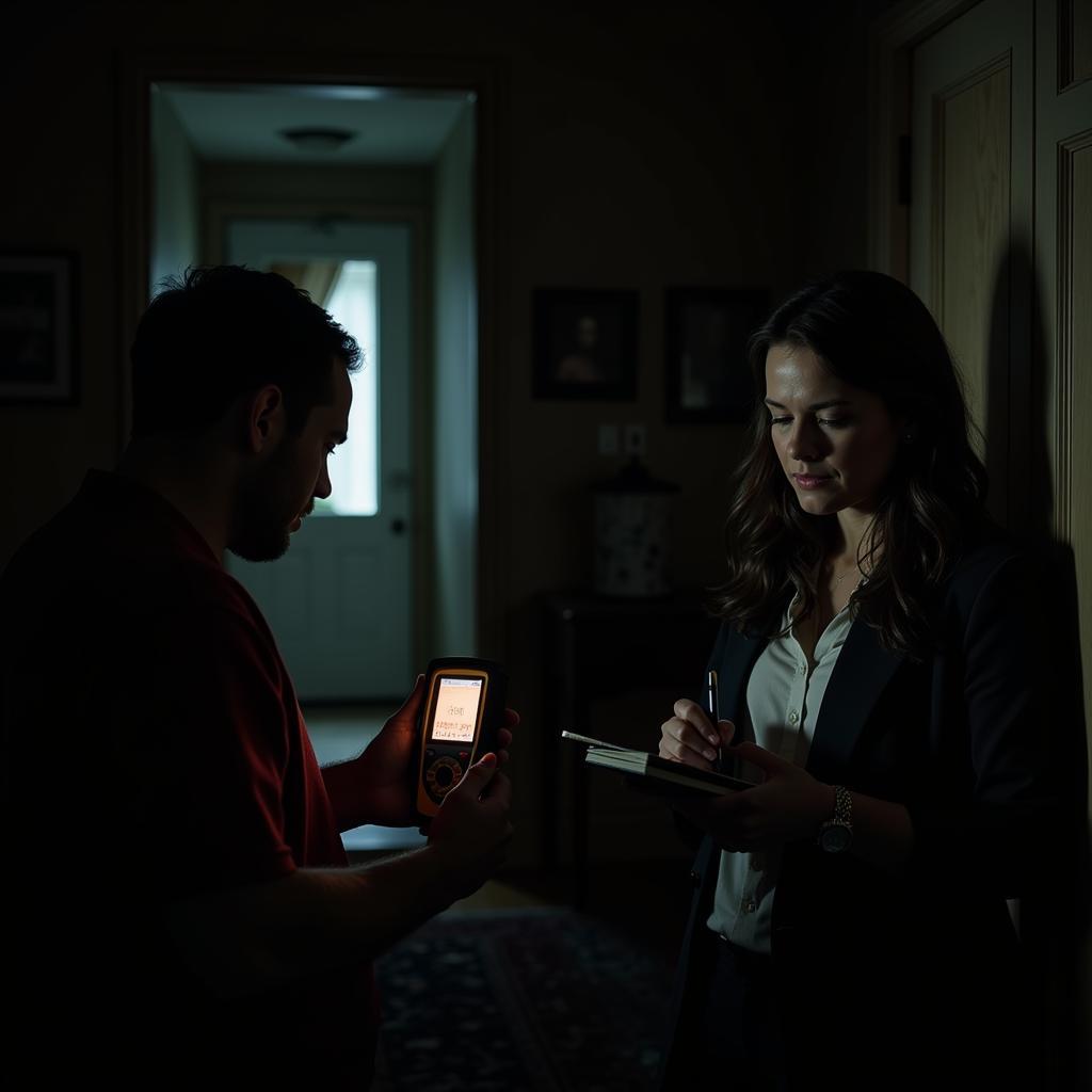 Paranormal investigators examining a room