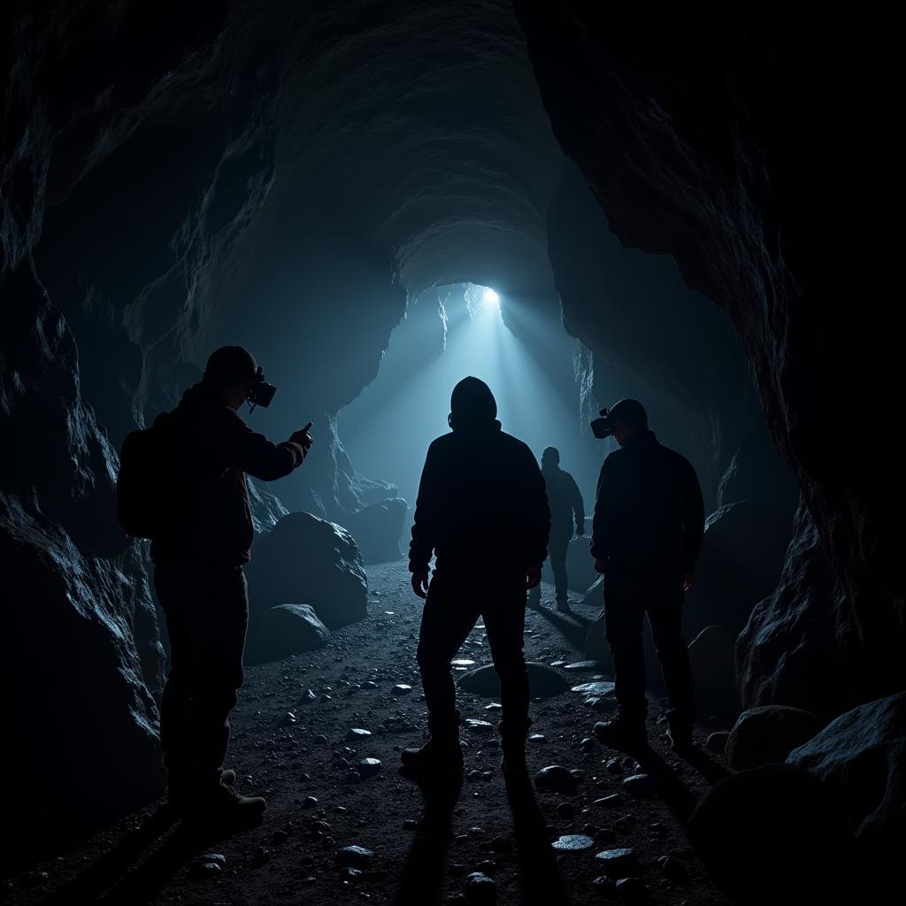 Paranormal investigators exploring a cave in Madeira