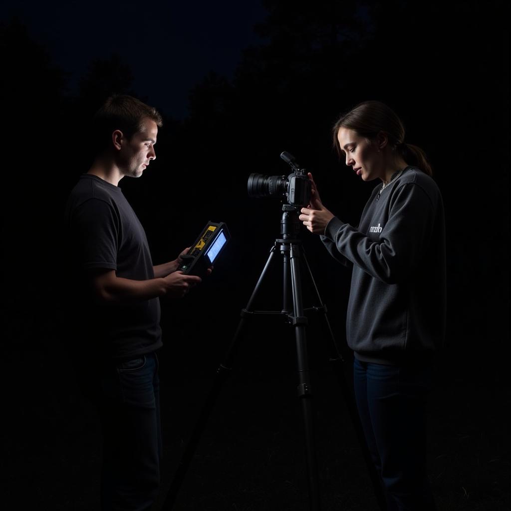 Two paranormal investigators using equipment to investigate a location, potentially on Research Forest Drive