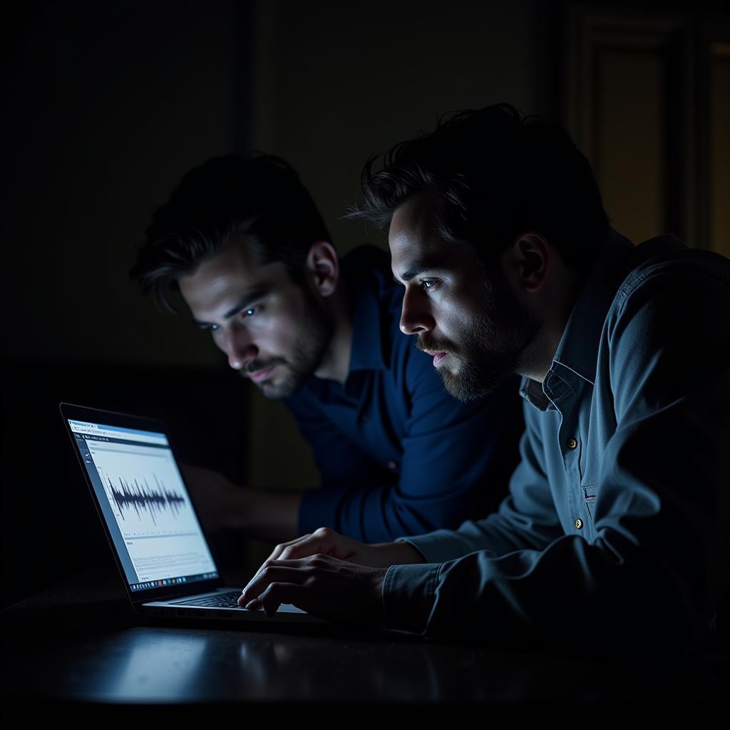 Paranormal Investigators Analyzing Audio Recordings on a Laptop