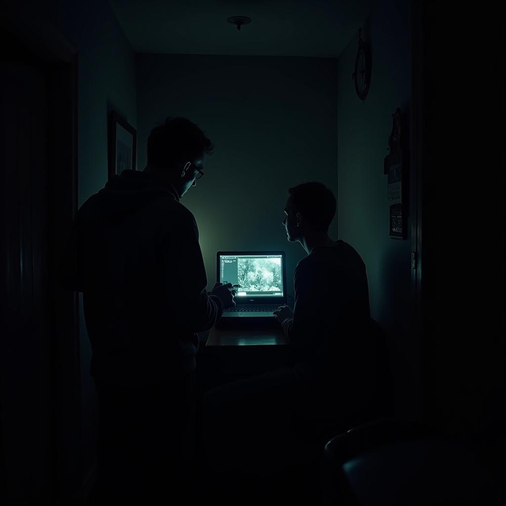 Two paranormal investigators huddled around a laptop, reviewing footage