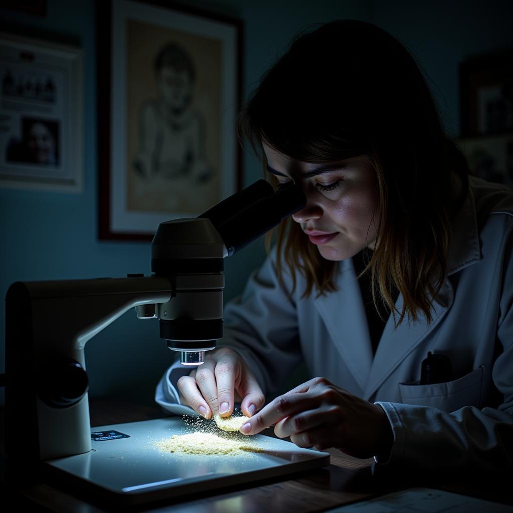 Paranormal Investigator Analyzing Evidence with a Research Microscope