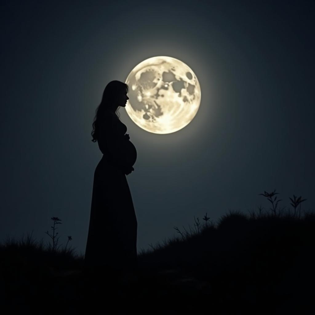 Pregnant Woman Silhouette Against a Full Moon