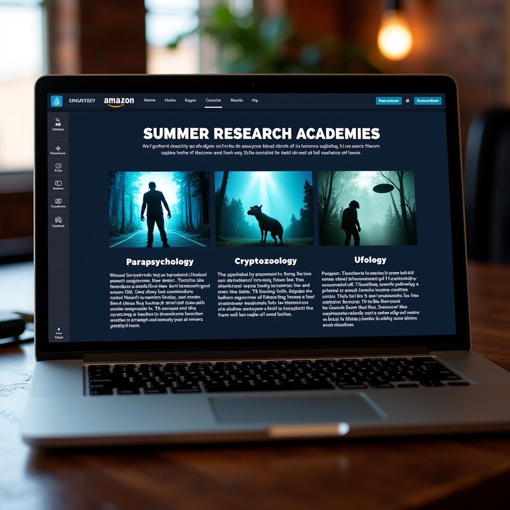 Various paranormal research academies are displayed on a laptop screen