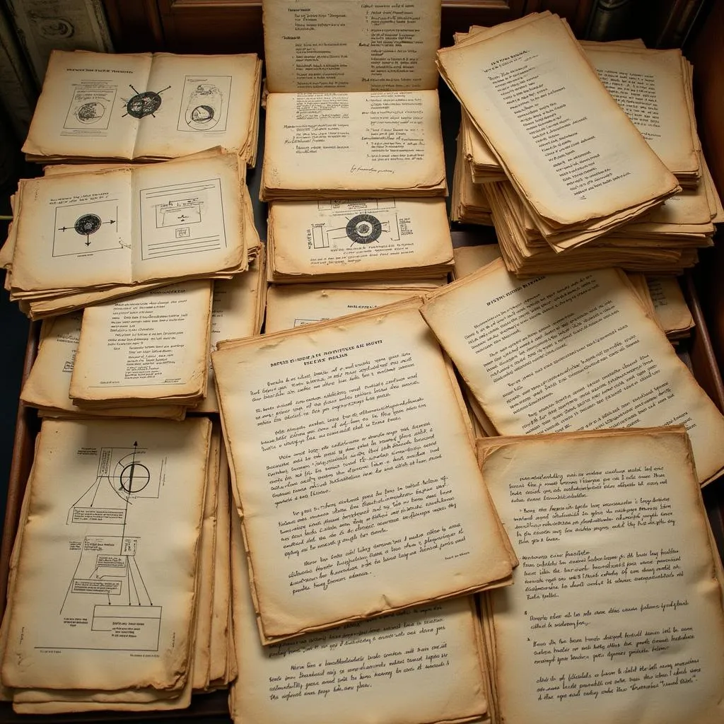 Stacks of dusty research papers with paranormal symbols