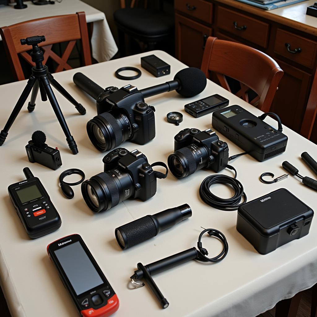 Assortment of equipment used for paranormal research, including cameras, voice recorders, and EMF readers