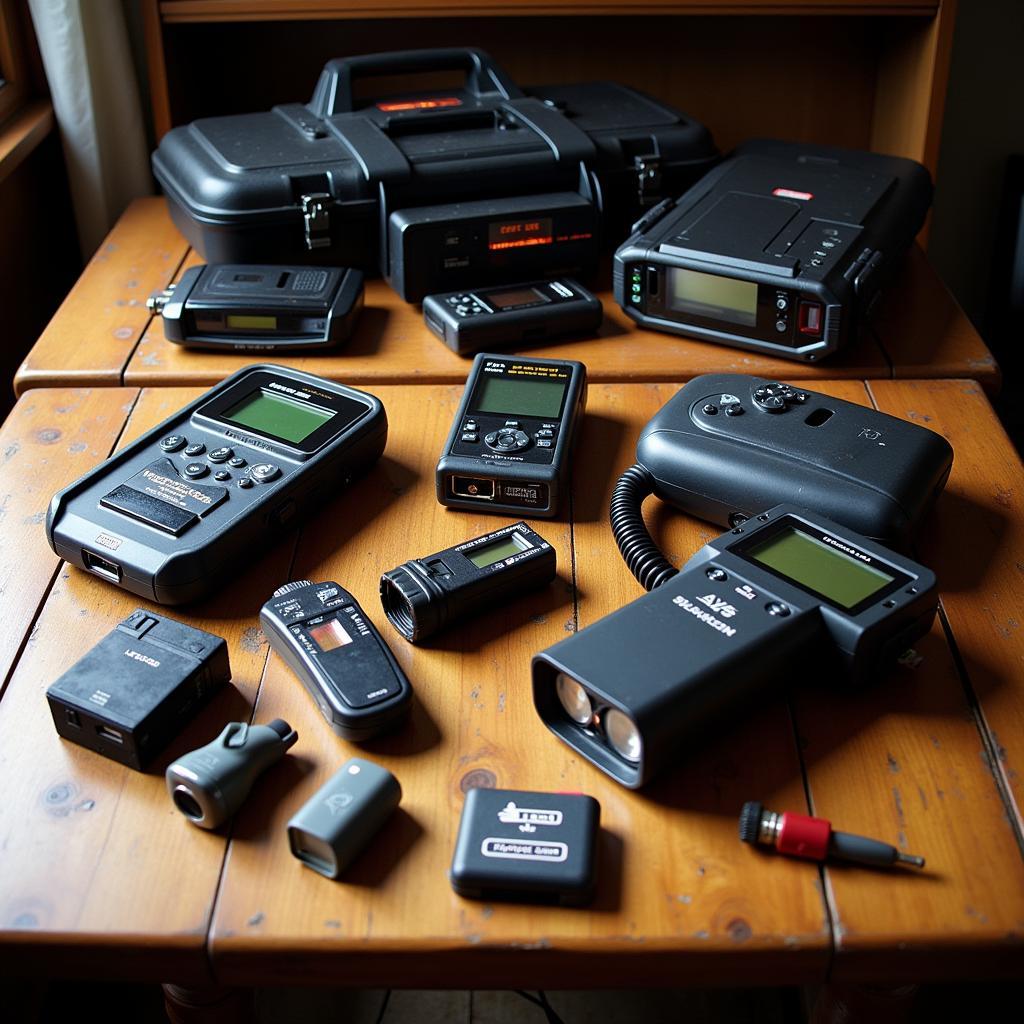 A table with EMF readers, voice recorders, and cameras