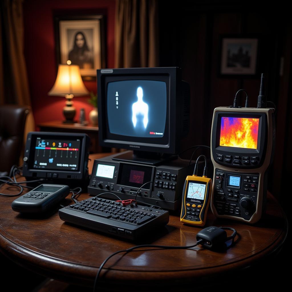 Paranormal Research Equipment Set Up in a Darkened Room