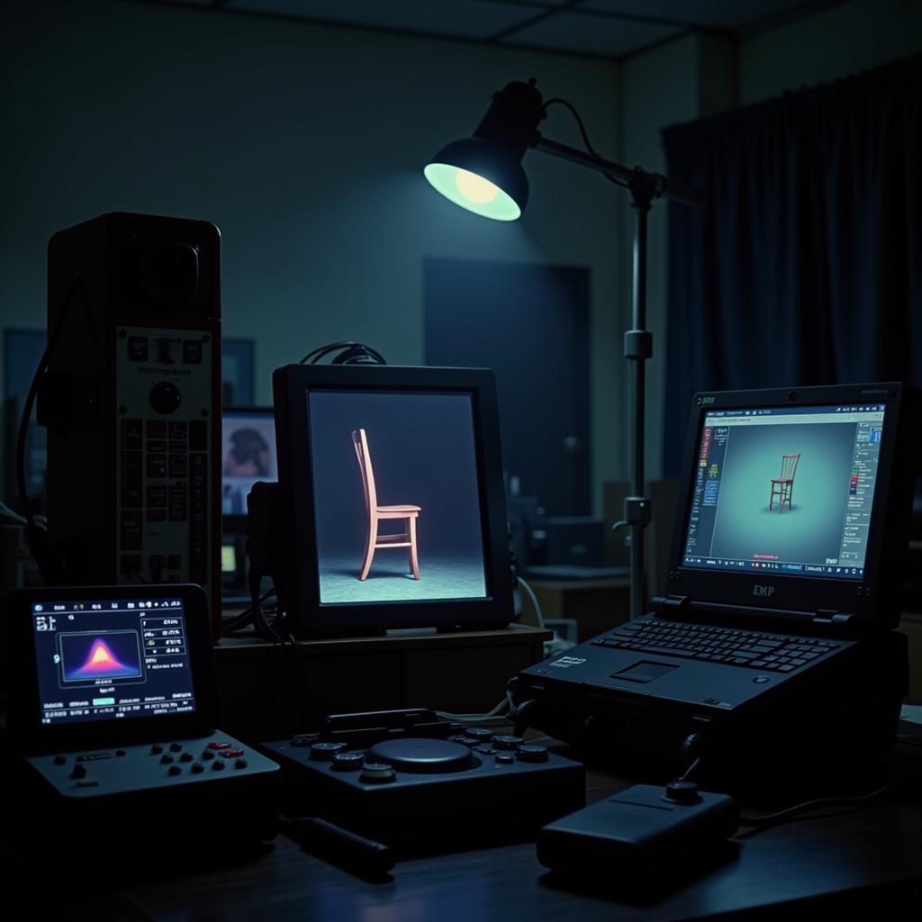 Paranormal research equipment set up in a laboratory setting