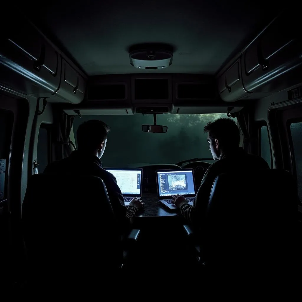 Researchers analyzing evidence of paranormal activity in their mobile lab