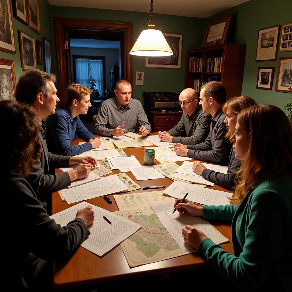 Members of a paranormal research group discussing their findings