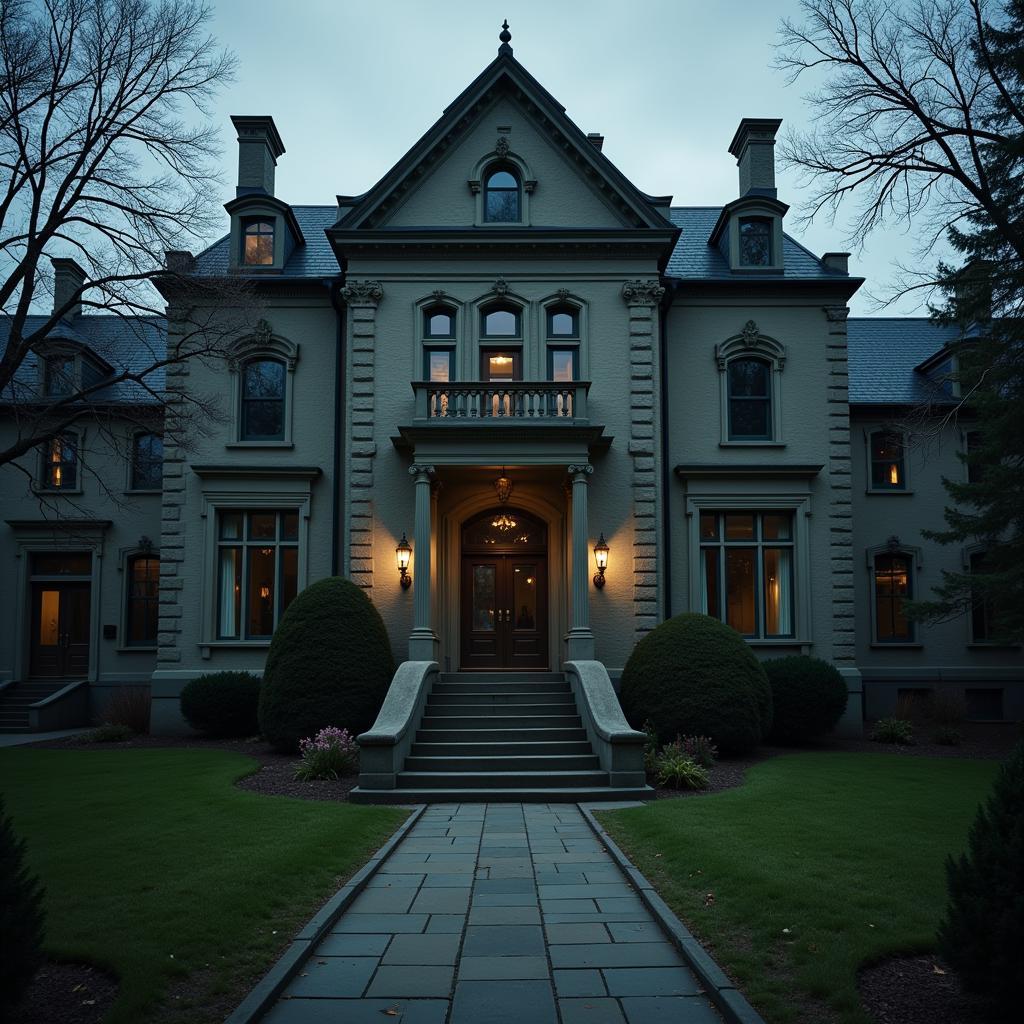 A stately manor house, partially obscured by mist, with the name "Paranormal Research Institute" etched on a weathered stone archway.