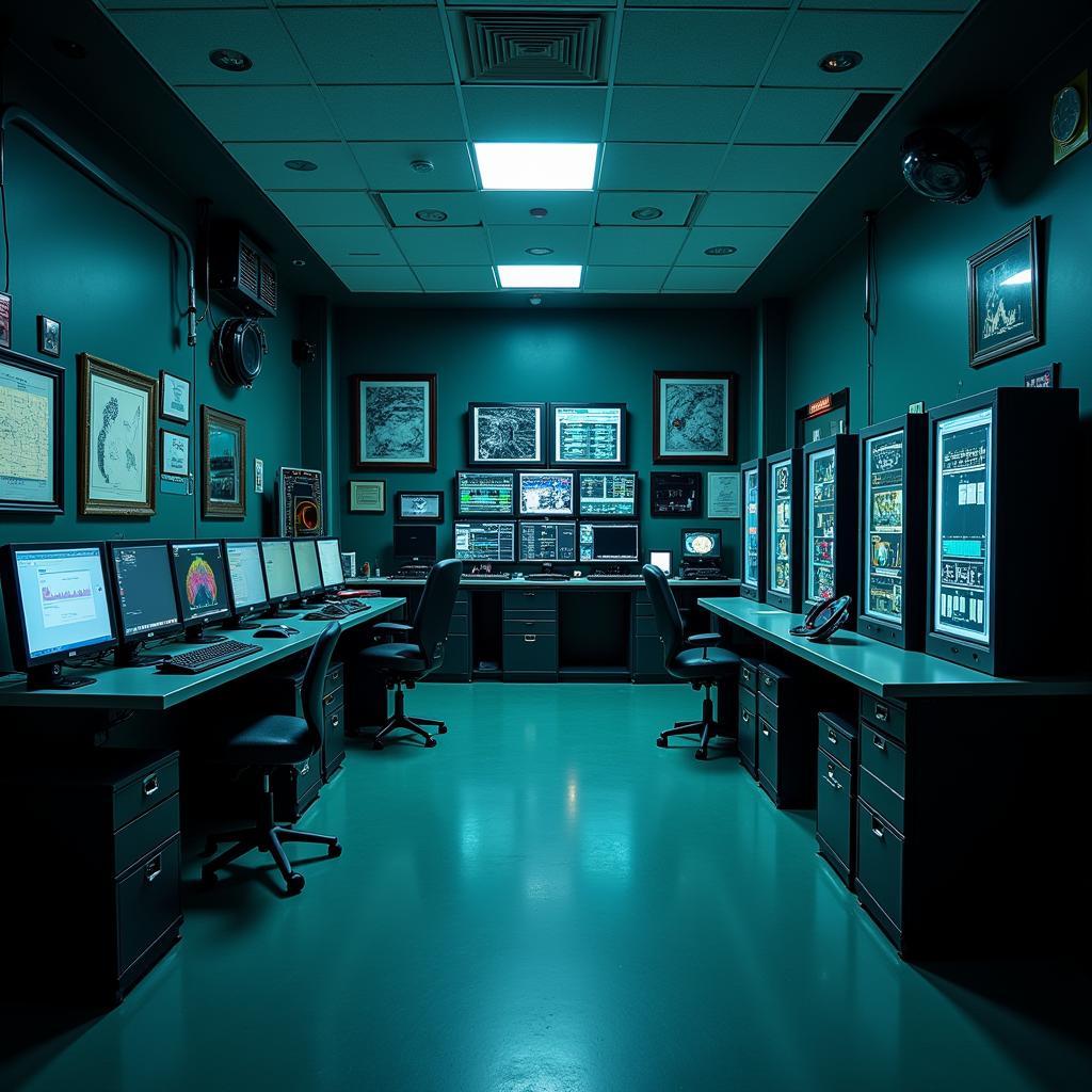 Paranormal research lab with computers and equipment