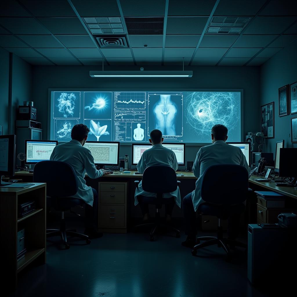 A paranormal research team analyzing data in their laboratory.