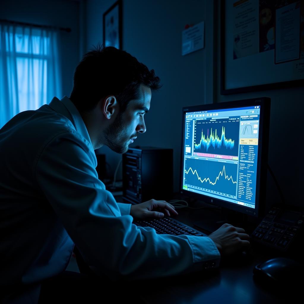 A researcher examining EMF readings in a paranormal research lab.