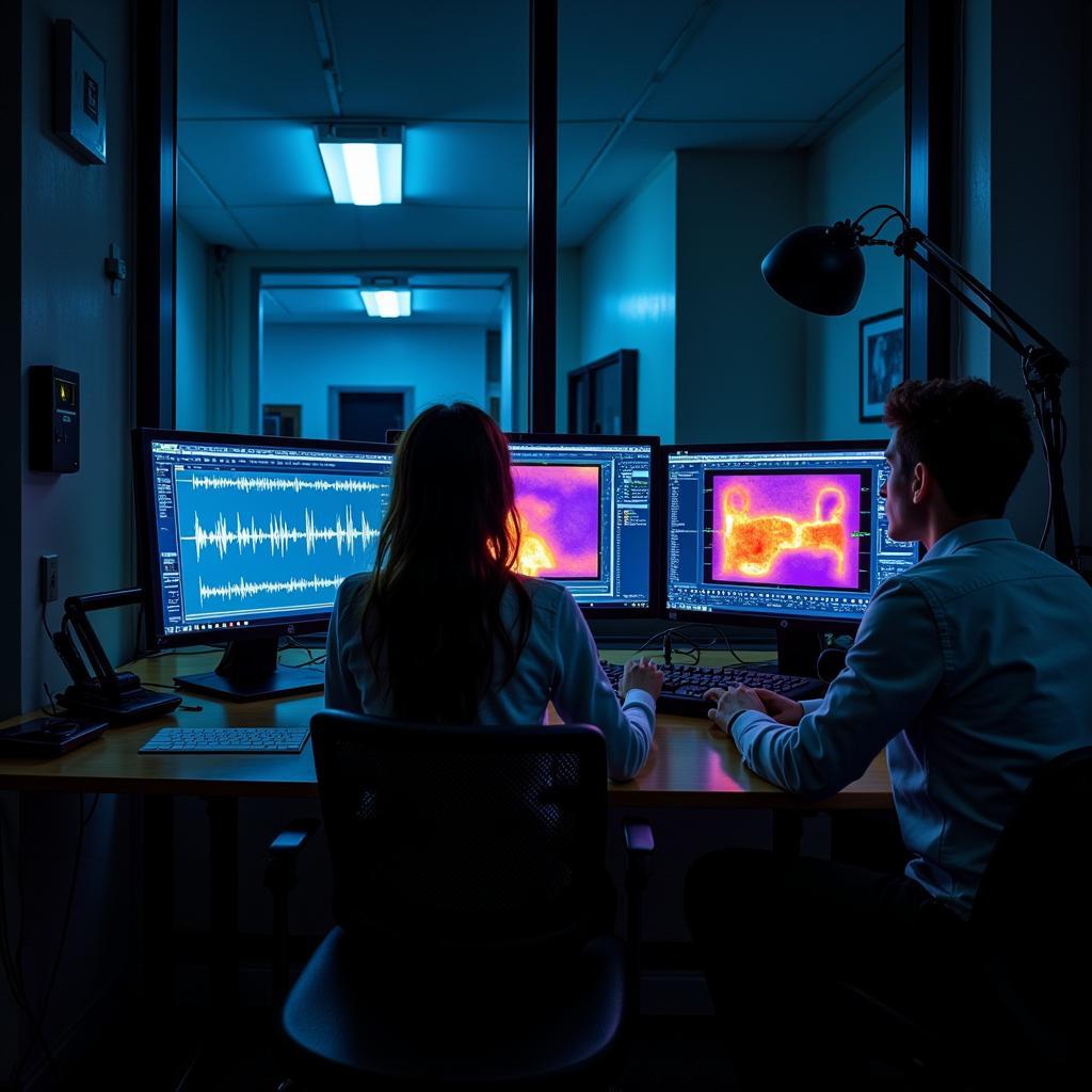 Researchers analyzing data in a paranormal research laboratory