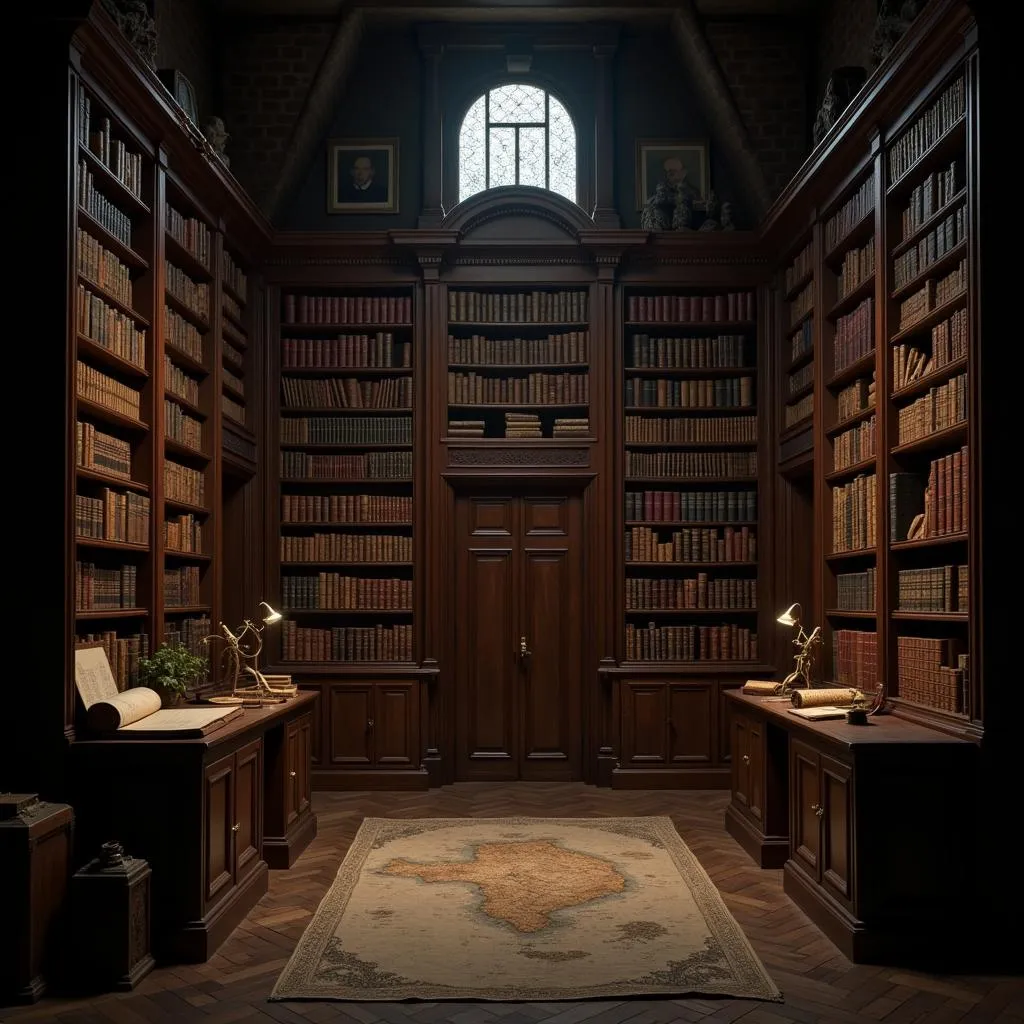 A vast library filled with ancient texts and paranormal research materials