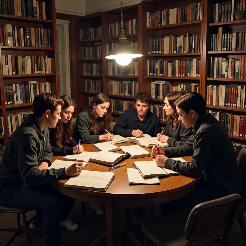 Students researching paranormal phenomena in the library