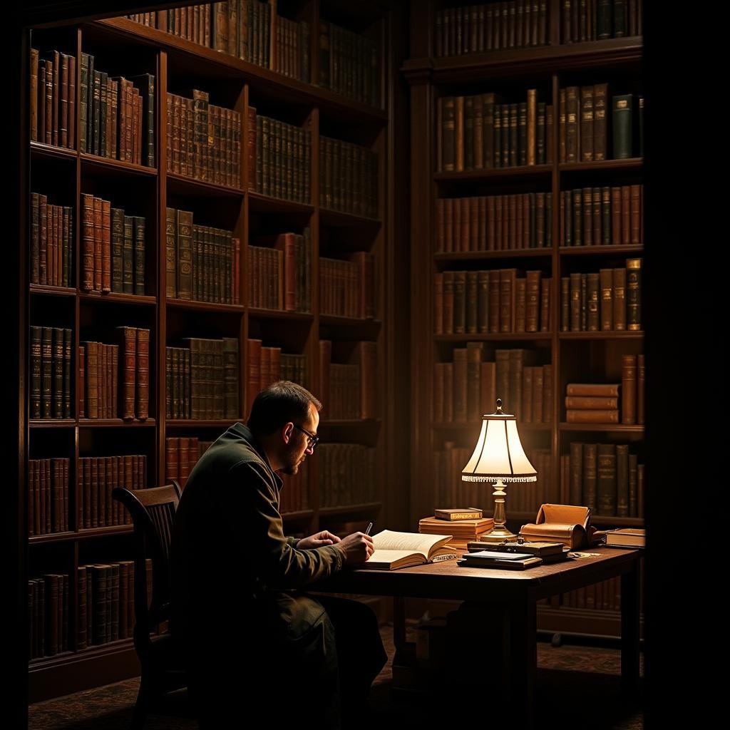 Researcher in Library Surrounded by Ancient Texts