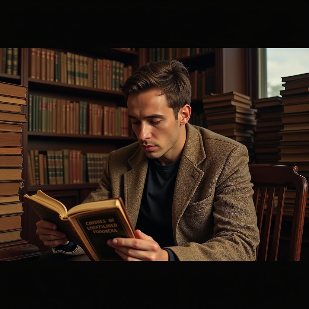 A researcher examining old books in a library