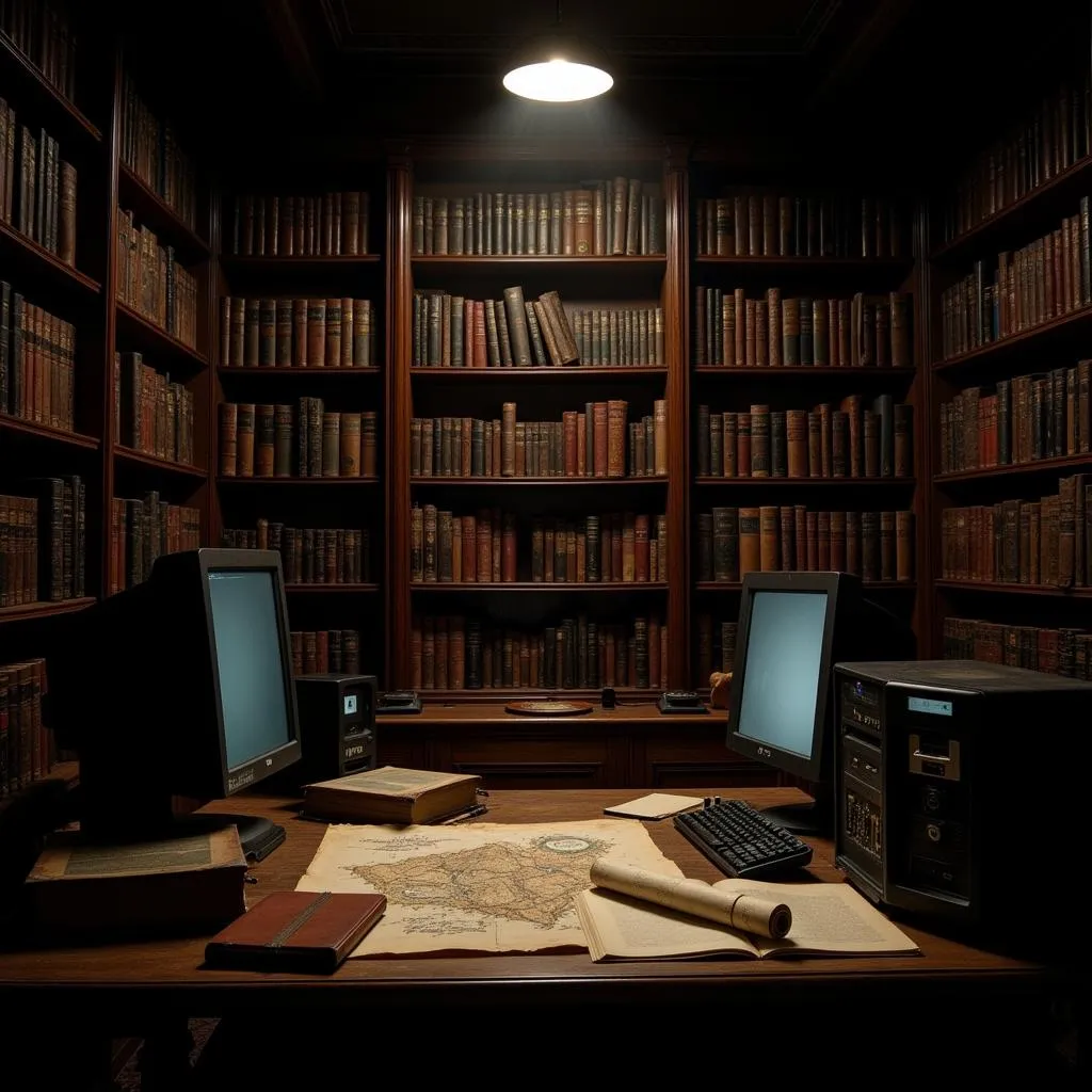 Paranormal research library filled with ancient texts and modern equipment